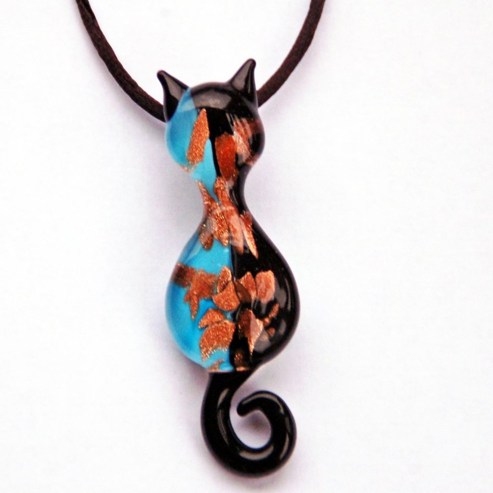 Cat Murano Glass Blue Pendant Handmade New